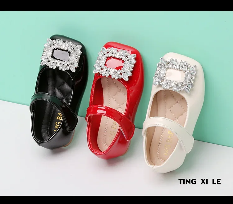 Baby Girls Leather Shoes for Party Wedding Kids Black Mary Janes with Rhinestone Buckle Princess Sweet Chic Children's Flats New
