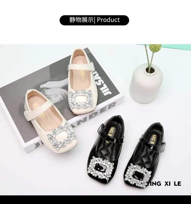 Baby Girls Leather Shoes for Party Wedding Kids Black Mary Janes with Rhinestone Buckle Princess Sweet Chic Children's Flats New