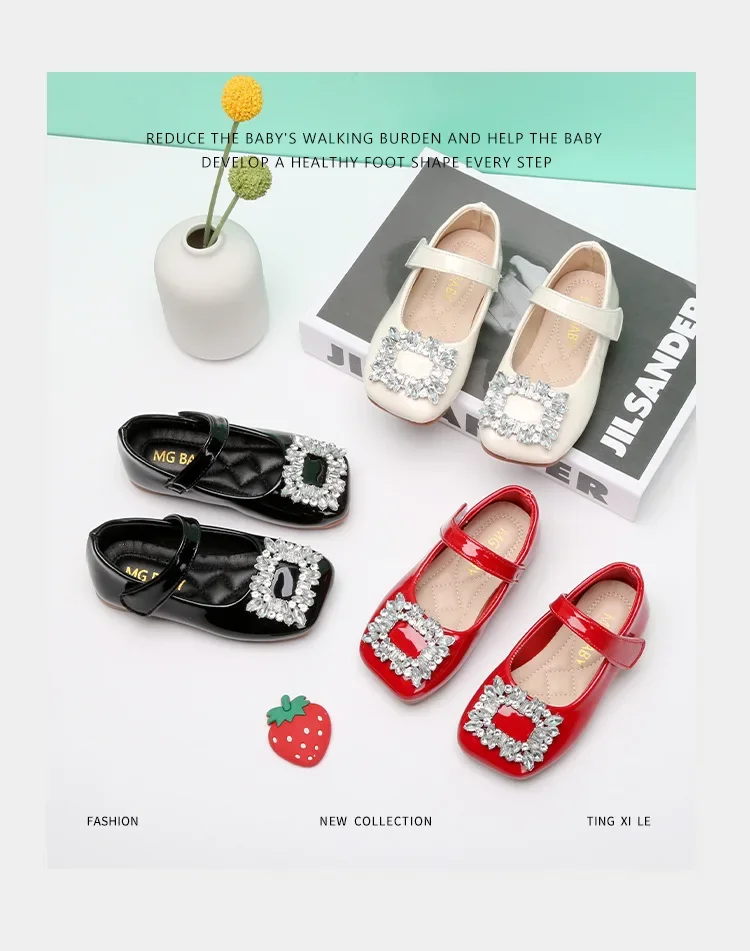Baby Girls Leather Shoes for Party Wedding Kids Black Mary Janes with Rhinestone Buckle Princess Sweet Chic Children's Flats New