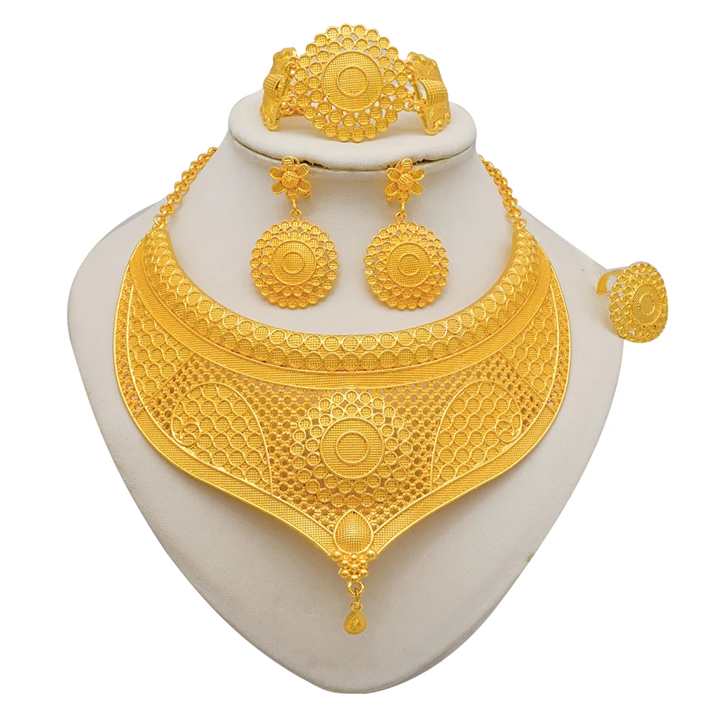 Indian Dubai Gold Color Jewelry Sets For Women Earring & Necklace Nigeria Moroccan Bridal Wedding Party Gifts