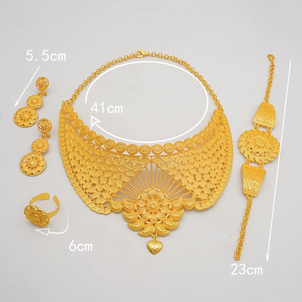Indian Dubai Gold Color Jewelry Sets For Women Earring & Necklace Nigeria Moroccan Bridal Wedding Party Gifts