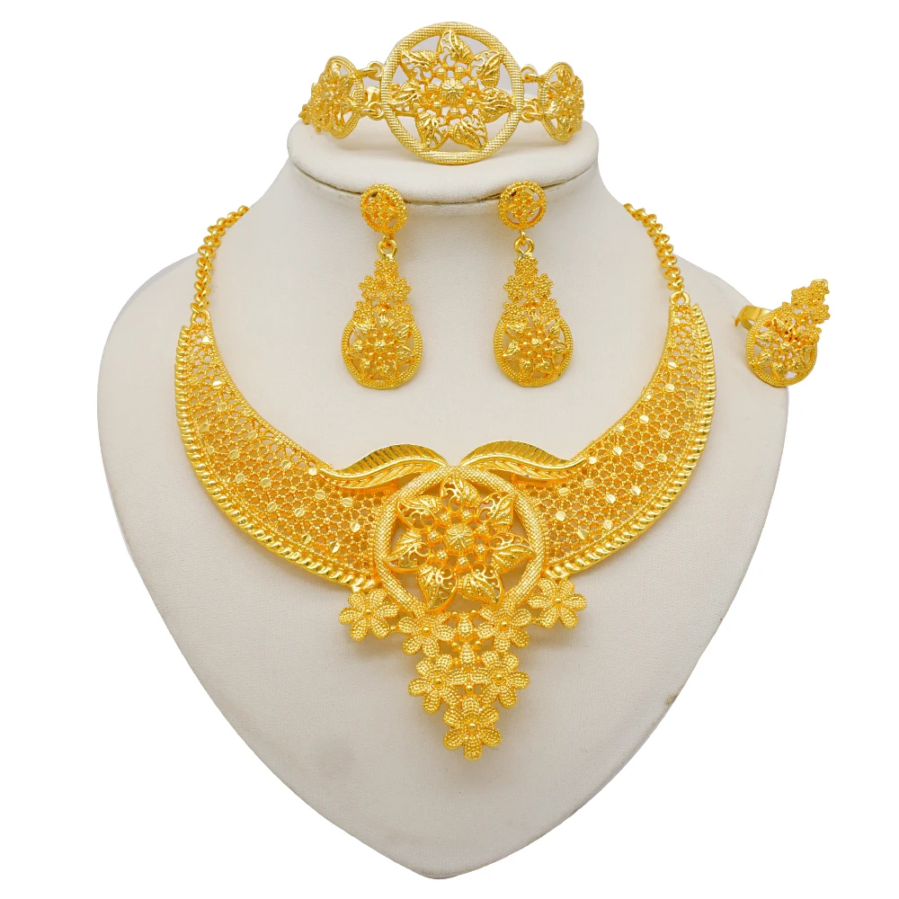 Indian Dubai Gold Color Jewelry Sets For Women Earring & Necklace Nigeria Moroccan Bridal Wedding Party Gifts