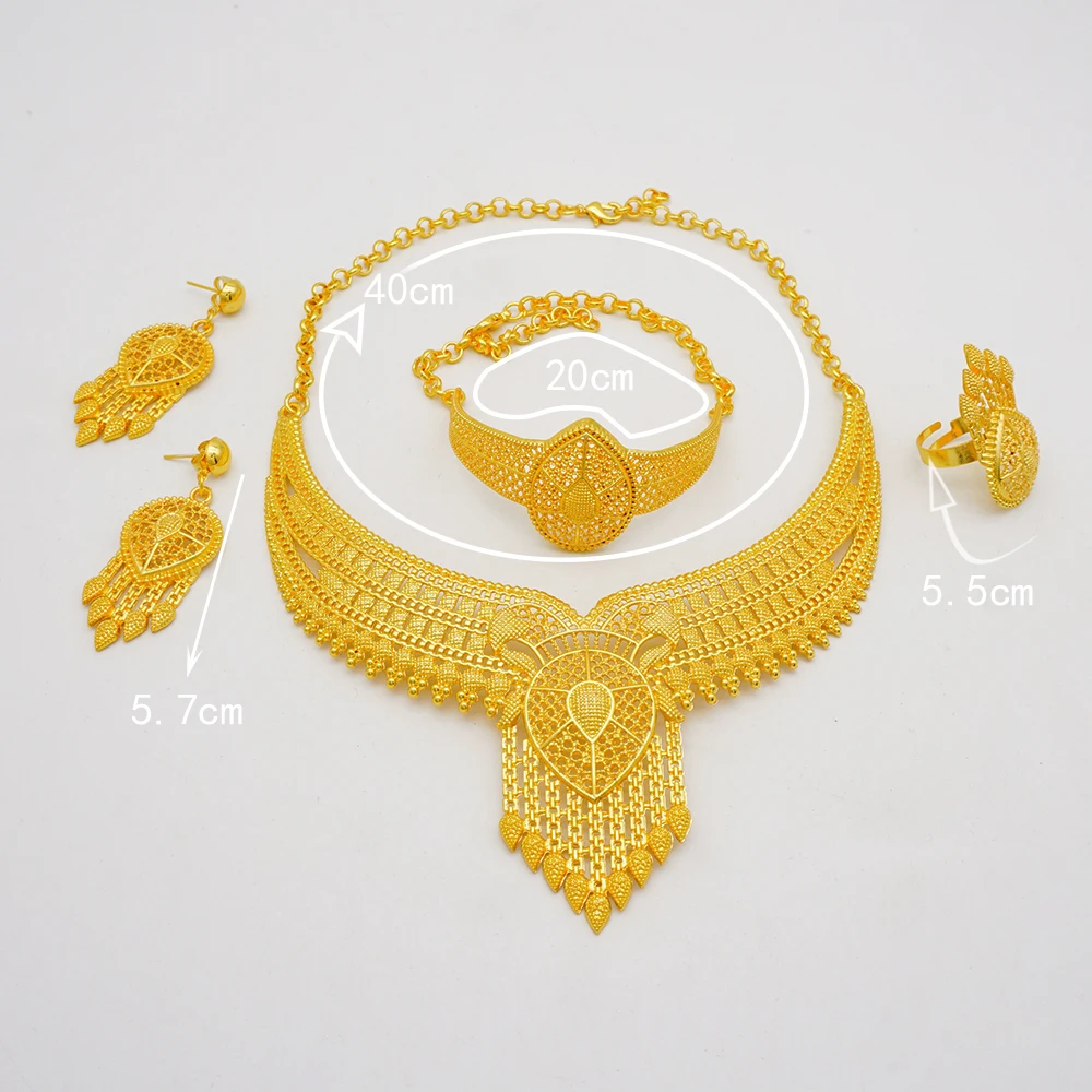 Indian Dubai Gold Color Jewelry Sets For Women Earring & Necklace Nigeria Moroccan Bridal Wedding Party Gifts