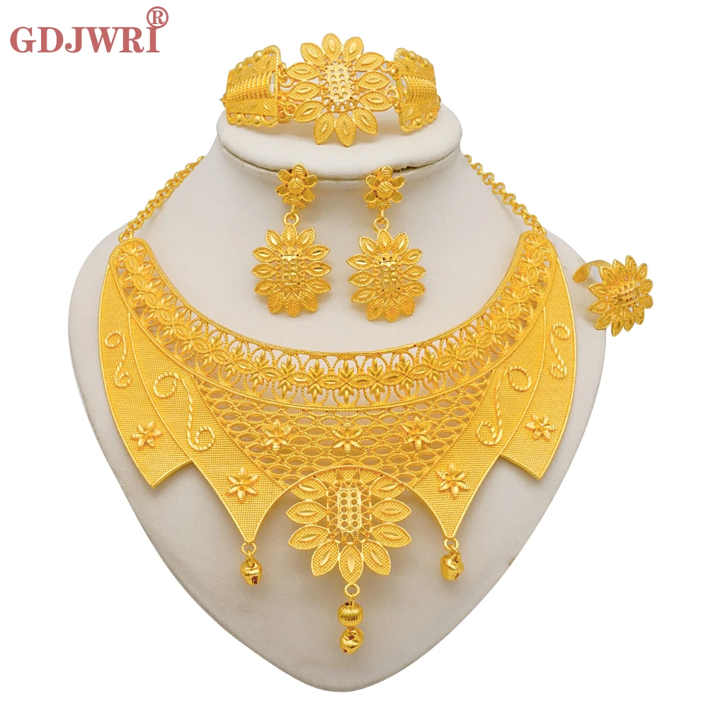 Indian Dubai Gold Color Jewelry Sets For Women Earring & Necklace Nigeria Moroccan Bridal Wedding Party Gifts