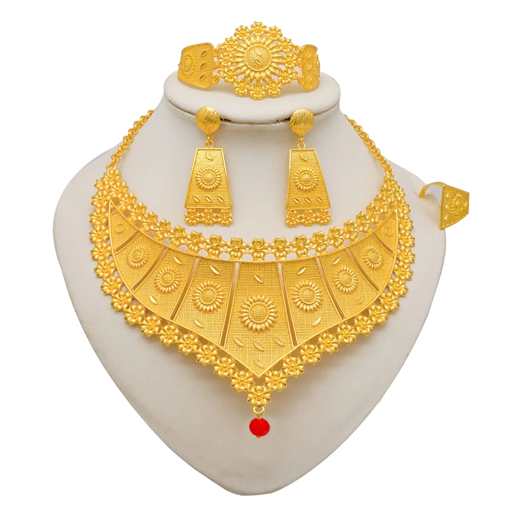 Indian Dubai Gold Color Jewelry Sets For Women Earring & Necklace Nigeria Moroccan Bridal Wedding Party Gifts