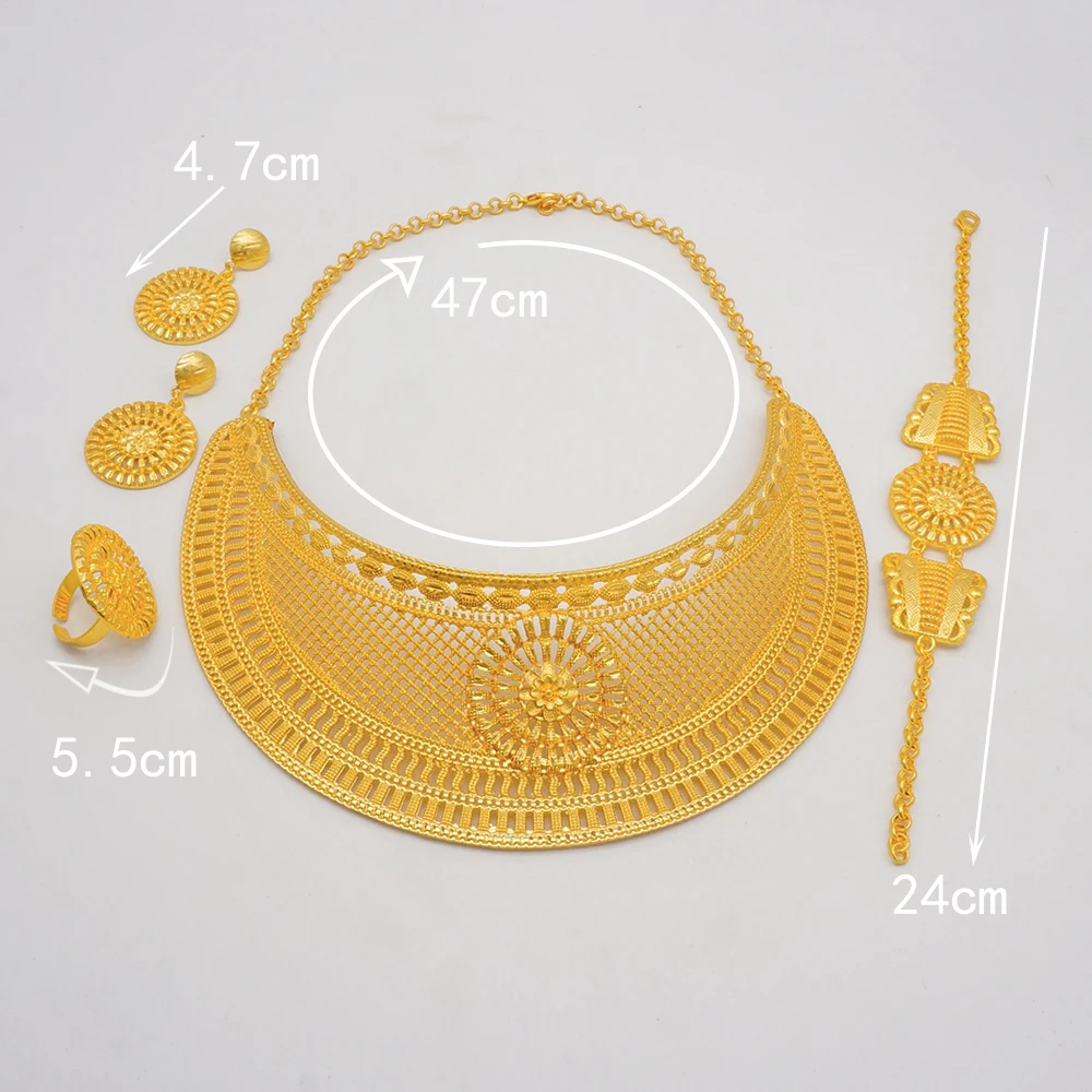 Indian Dubai Gold Color Jewelry Sets For Women Earring & Necklace Nigeria Moroccan Bridal Wedding Party Gifts
