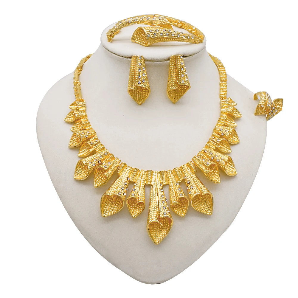 Indian Dubai Gold Color Jewelry Sets For Women Earring & Necklace Nigeria Moroccan Bridal Wedding Party Gifts