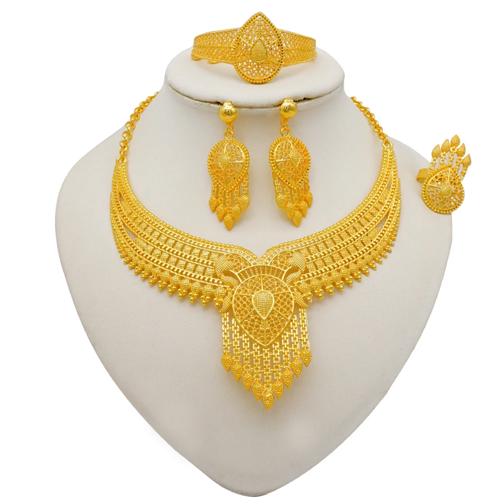 Indian Dubai Gold Color Jewelry Sets For Women Earring & Necklace Nigeria Moroccan Bridal Wedding Party Gifts