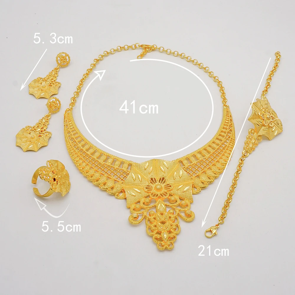 Indian Dubai Gold Color Jewelry Sets For Women Earring & Necklace Nigeria Moroccan Bridal Wedding Party Gifts