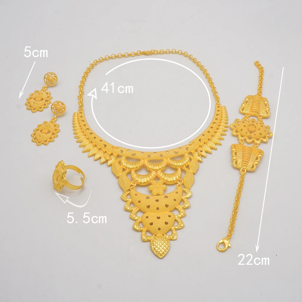 Indian Dubai Gold Color Jewelry Sets For Women Earring & Necklace Nigeria Moroccan Bridal Wedding Party Gifts