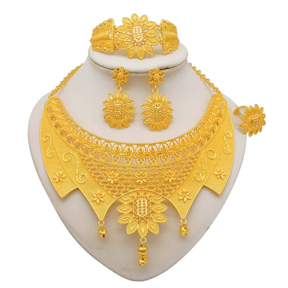 Indian Dubai Gold Color Jewelry Sets For Women Earring & Necklace Nigeria Moroccan Bridal Wedding Party Gifts