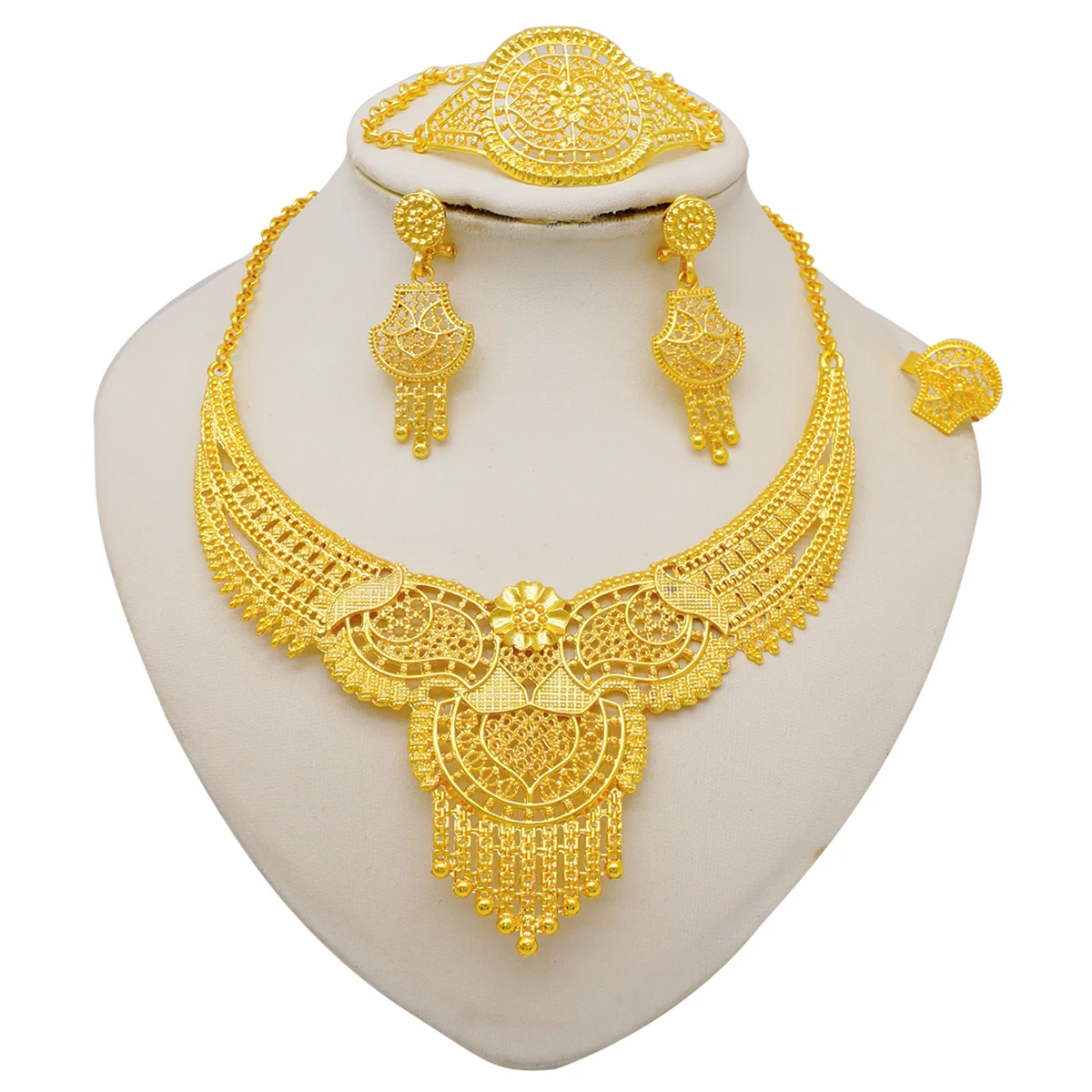 Indian Dubai Gold Color Jewelry Sets For Women Earring & Necklace Nigeria Moroccan Bridal Wedding Party Gifts