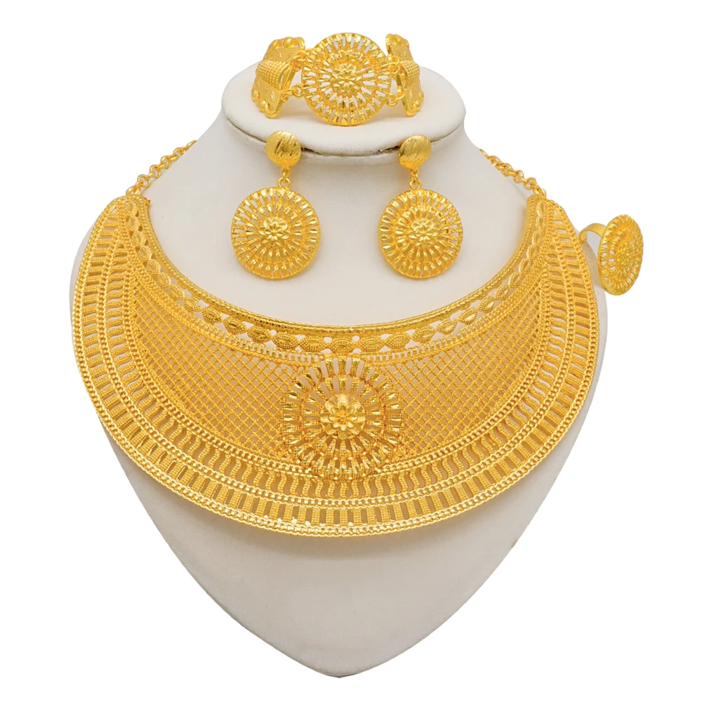 Indian Dubai Gold Color Jewelry Sets For Women Earring & Necklace Nigeria Moroccan Bridal Wedding Party Gifts