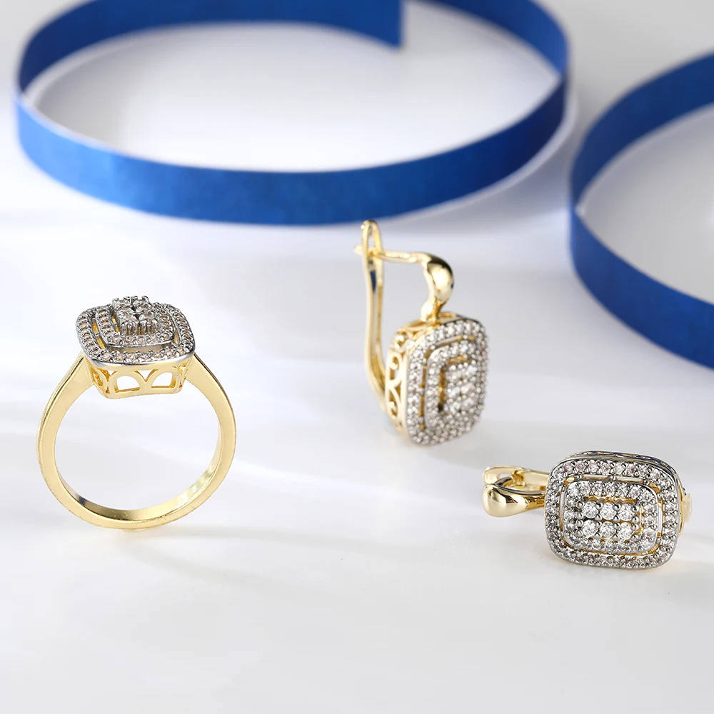 Classic square design inlaid stones two -color earrings rings set copper plated 14K gold fashion elegant ladies party earrings