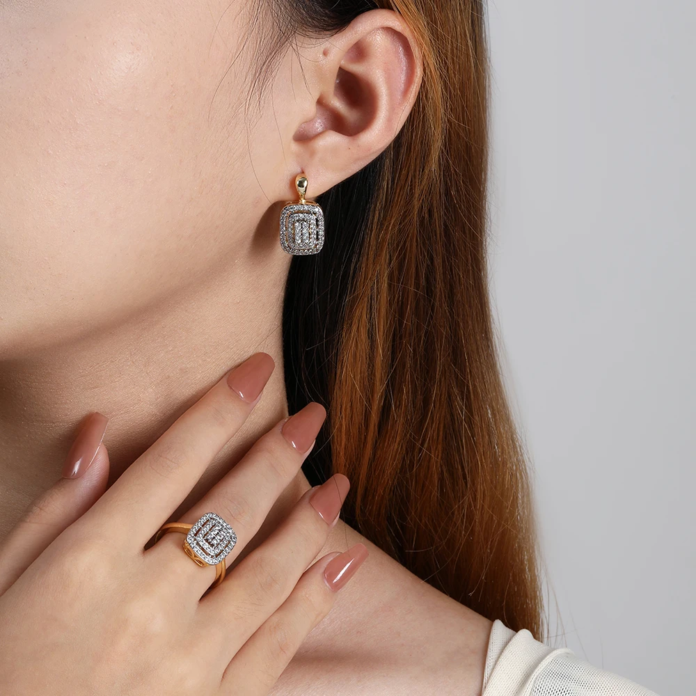 Classic square design inlaid stones two -color earrings rings set copper plated 14K gold fashion elegant ladies party earrings