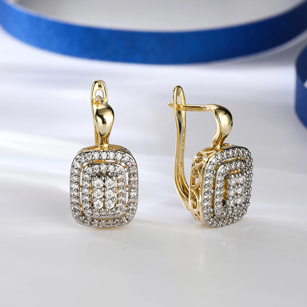 Classic square design inlaid stones two -color earrings rings set copper plated 14K gold fashion elegant ladies party earrings