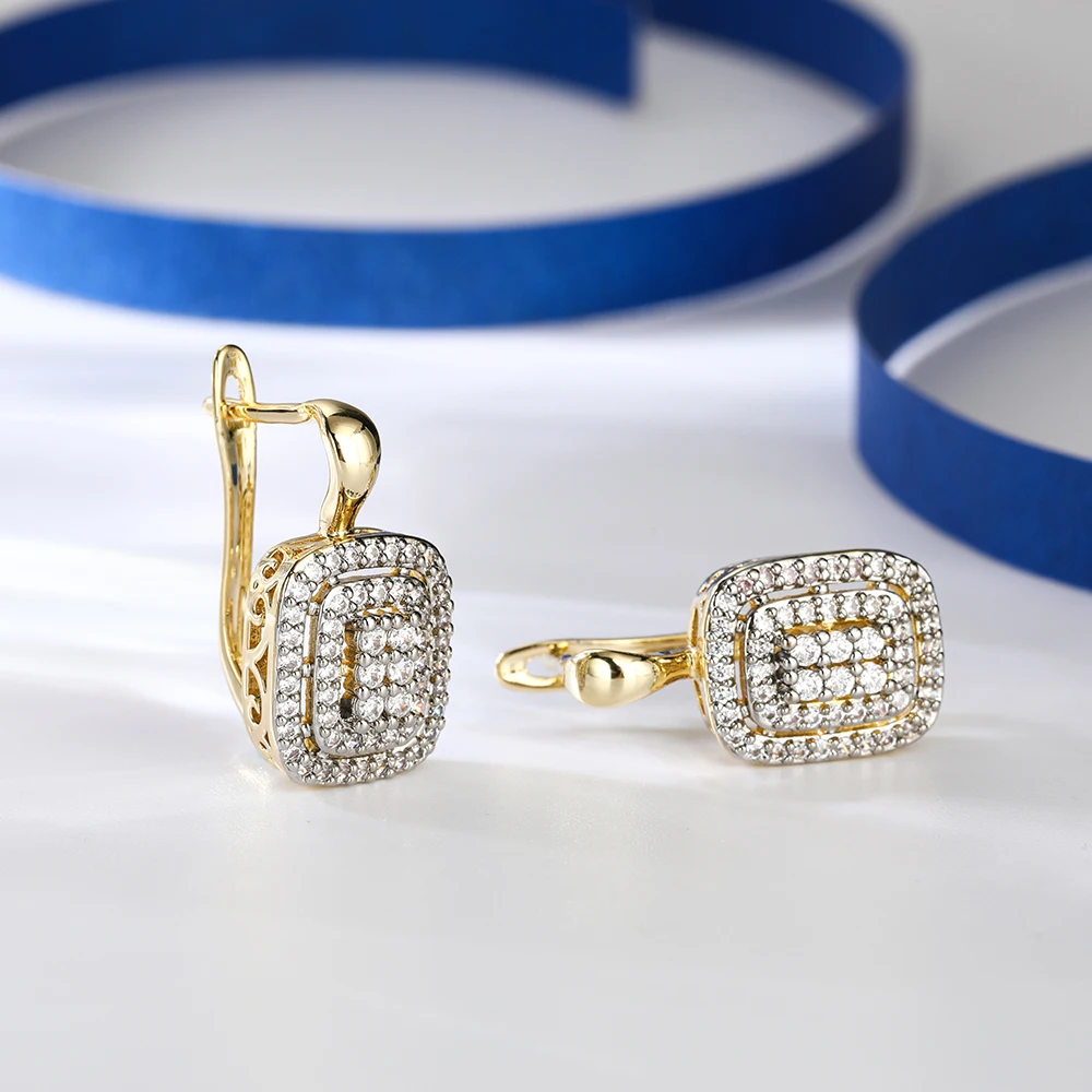 Classic square design inlaid stones two -color earrings rings set copper plated 14K gold fashion elegant ladies party earrings