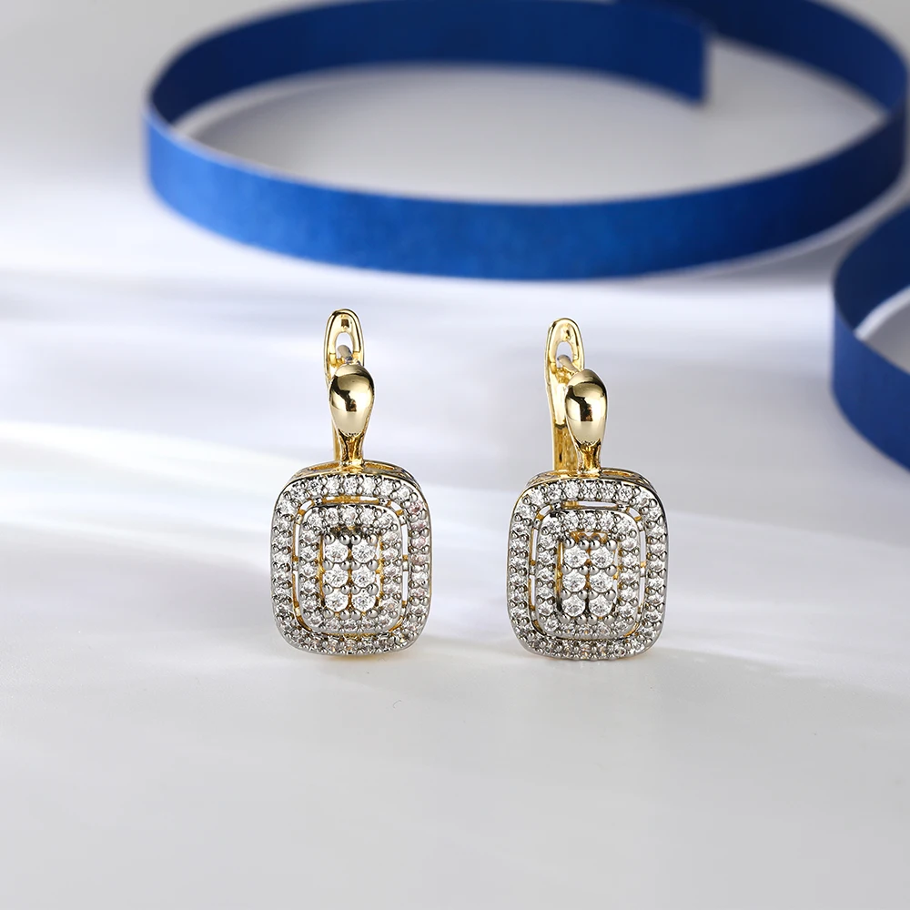 Classic square design inlaid stones two -color earrings rings set copper plated 14K gold fashion elegant ladies party earrings