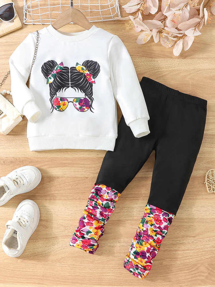 2-Piece Set for Girls: Autumn Portrait Print Round Neck Long-Sleeve Sweatshirt and Solid Color Patchwork Ruched Print Long Pants Set