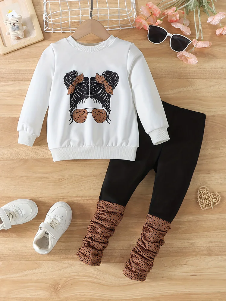 2-Piece Set for Girls: Autumn Portrait Print Round Neck Long-Sleeve Sweatshirt and Solid Color Patchwork Ruched Print Long Pants Set