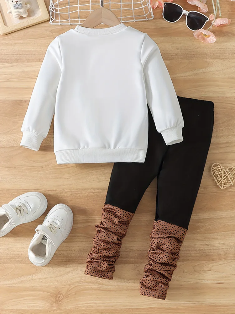 2-Piece Set for Girls: Autumn Portrait Print Round Neck Long-Sleeve Sweatshirt and Solid Color Patchwork Ruched Print Long Pants Set