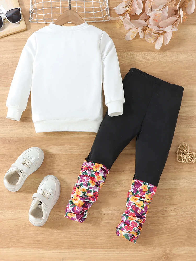2-Piece Set for Girls: Autumn Portrait Print Round Neck Long-Sleeve Sweatshirt and Solid Color Patchwork Ruched Print Long Pants Set