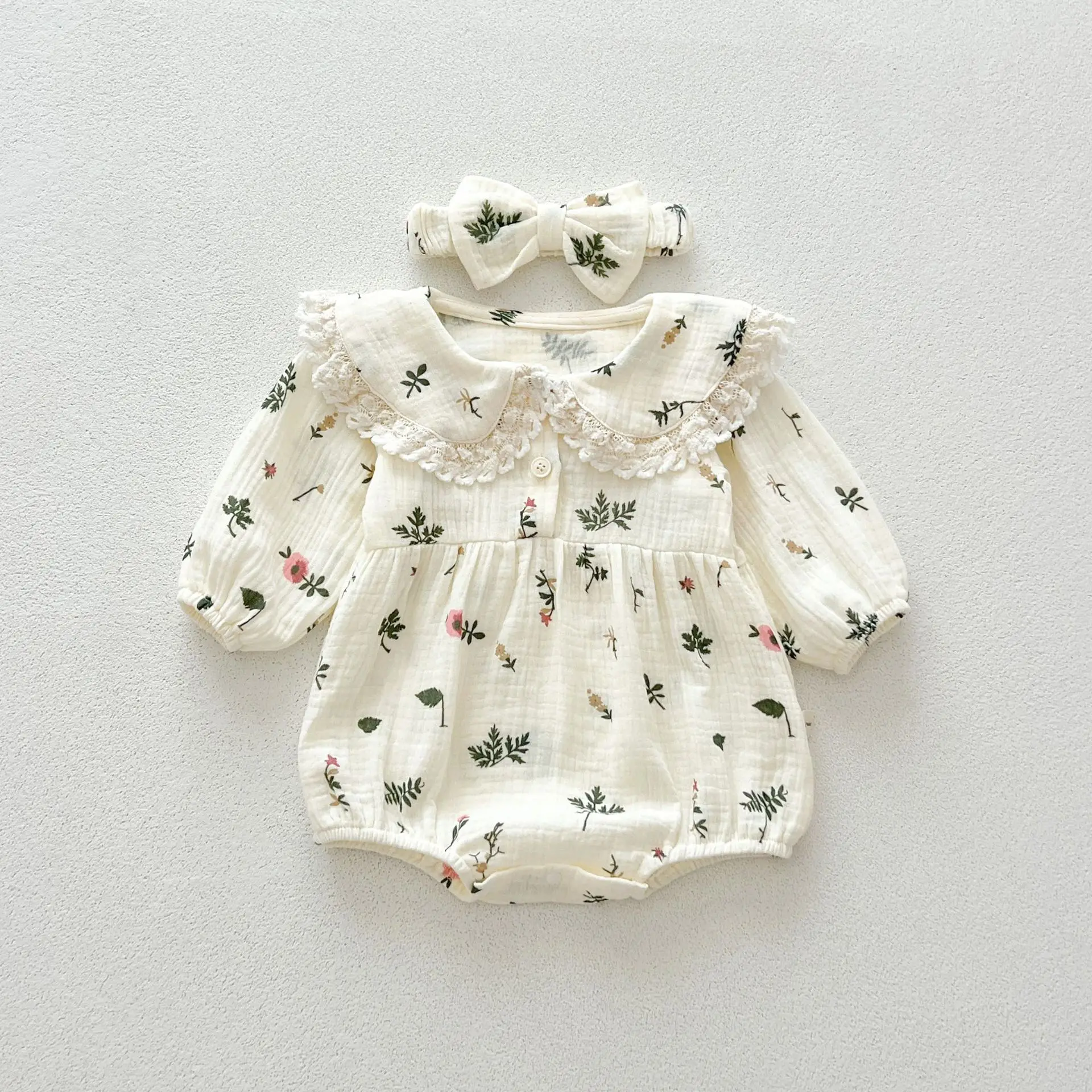 Autumn Newborn Infant Baby Girls Sweet Flower Romper + Headband Muslin Lapel Rompers Kids Onepiece Fashion Baby Clothing
