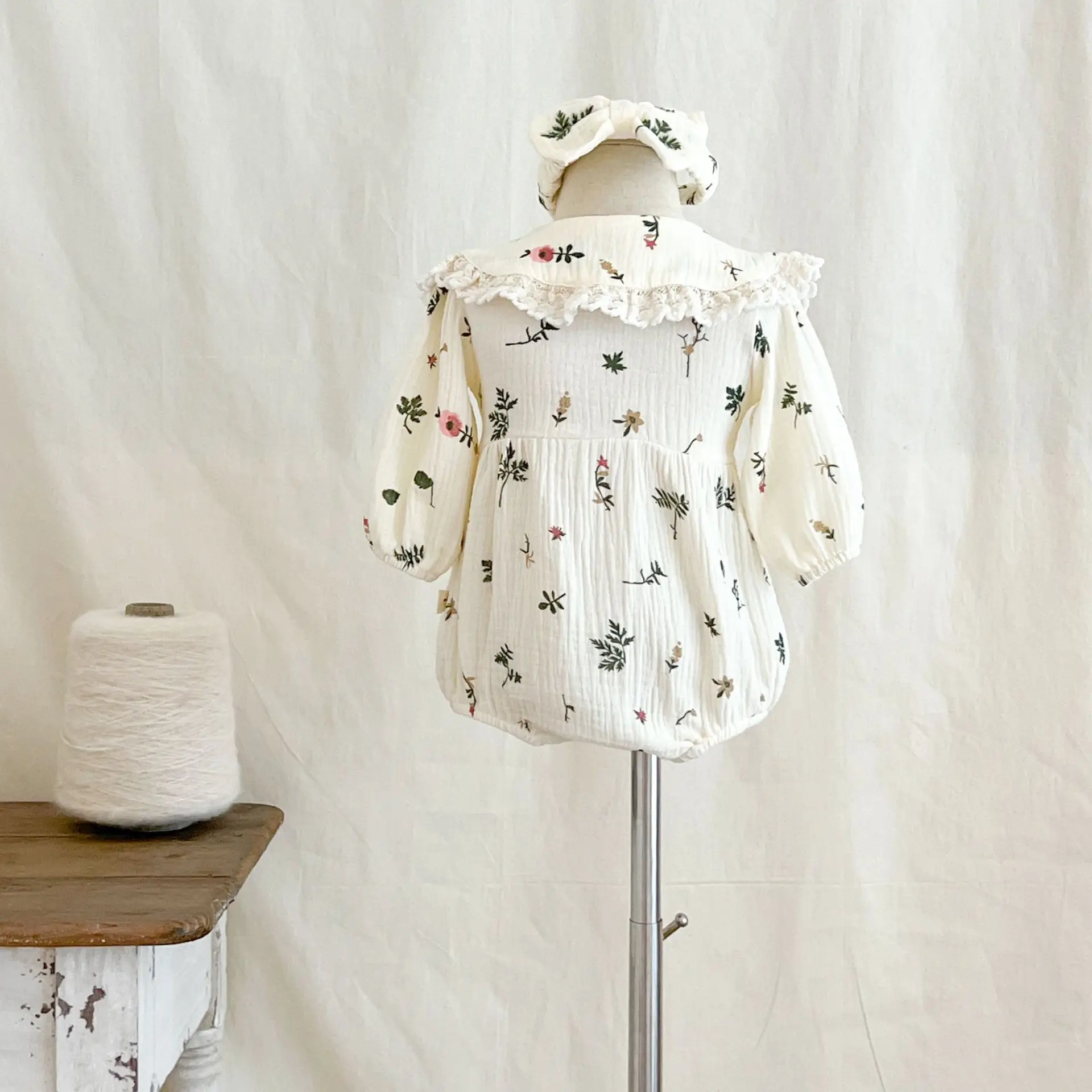 Autumn Newborn Infant Baby Girls Sweet Flower Romper + Headband Muslin Lapel Rompers Kids Onepiece Fashion Baby Clothing