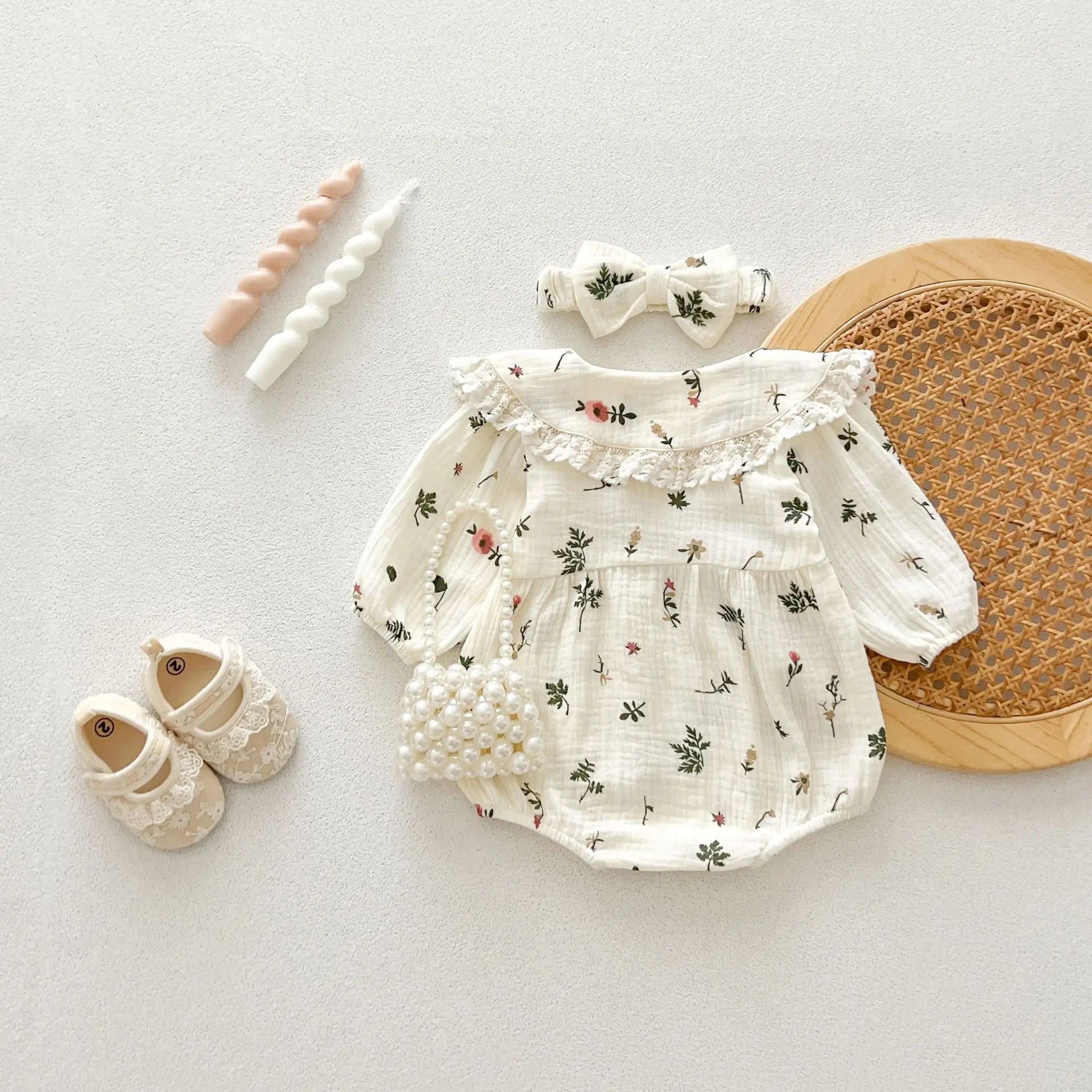 Autumn Newborn Infant Baby Girls Sweet Flower Romper + Headband Muslin Lapel Rompers Kids Onepiece Fashion Baby Clothing
