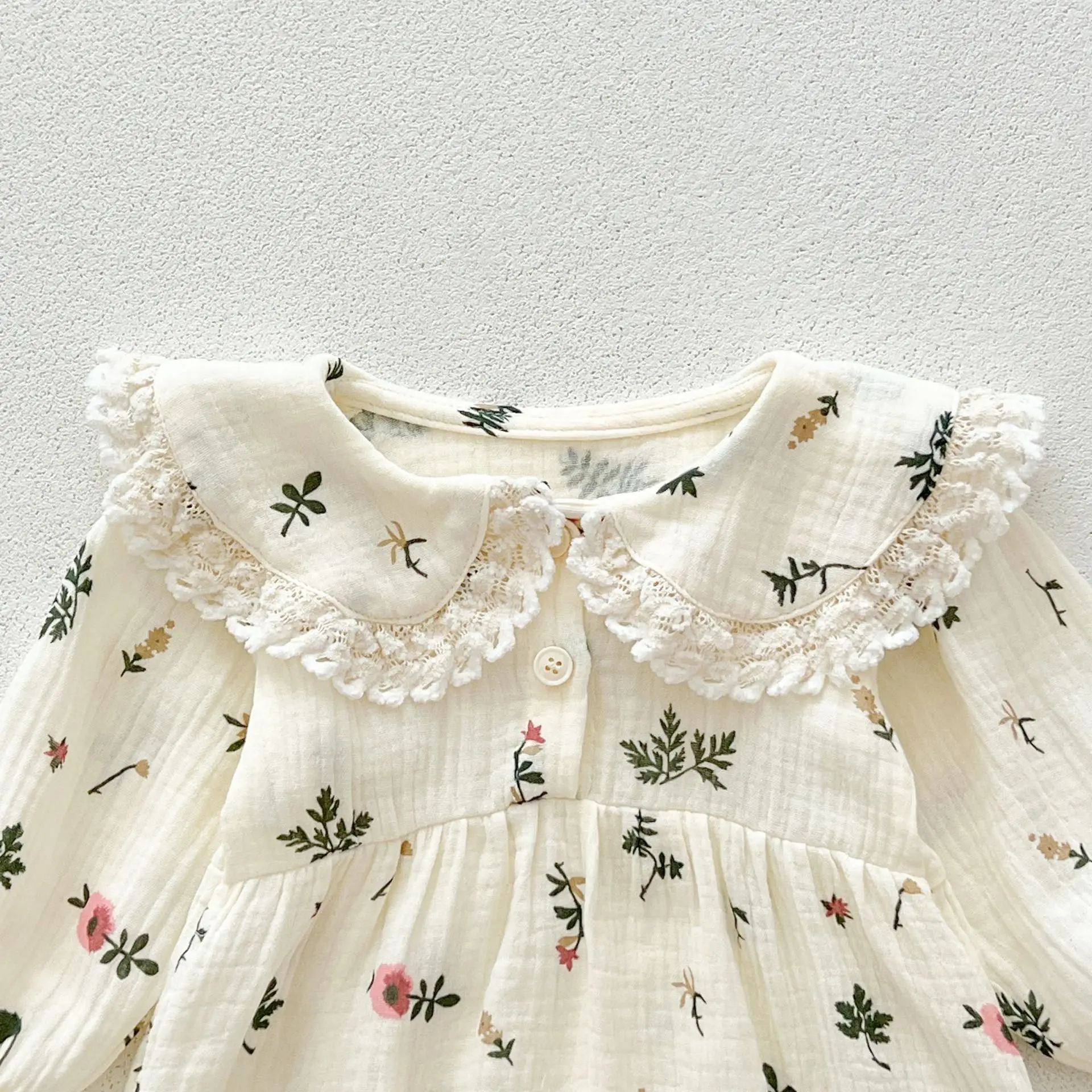 Autumn Newborn Infant Baby Girls Sweet Flower Romper + Headband Muslin Lapel Rompers Kids Onepiece Fashion Baby Clothing
