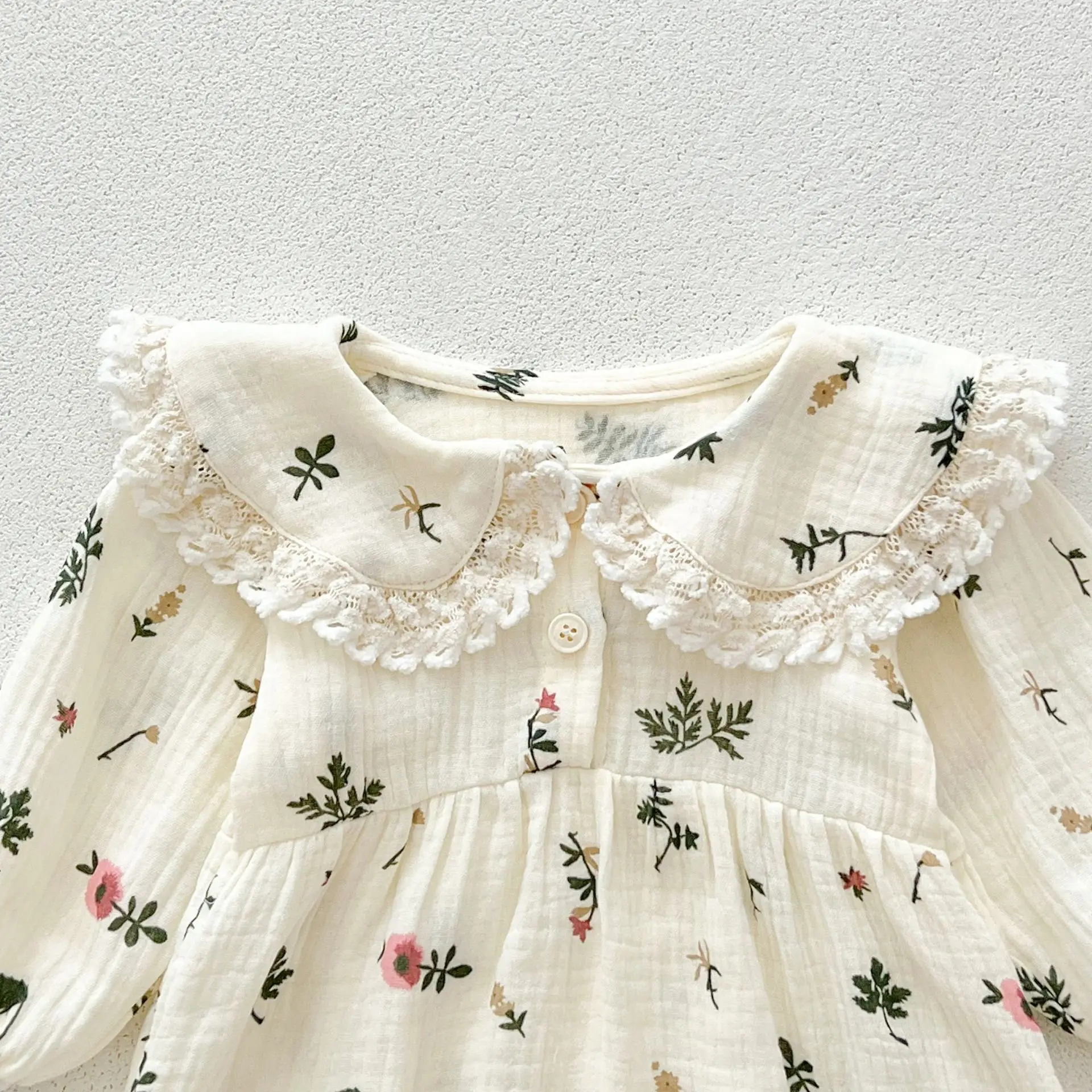 Autumn Newborn Infant Baby Girls Sweet Flower Romper + Headband Muslin Lapel Rompers Kids Onepiece Fashion Baby Clothing