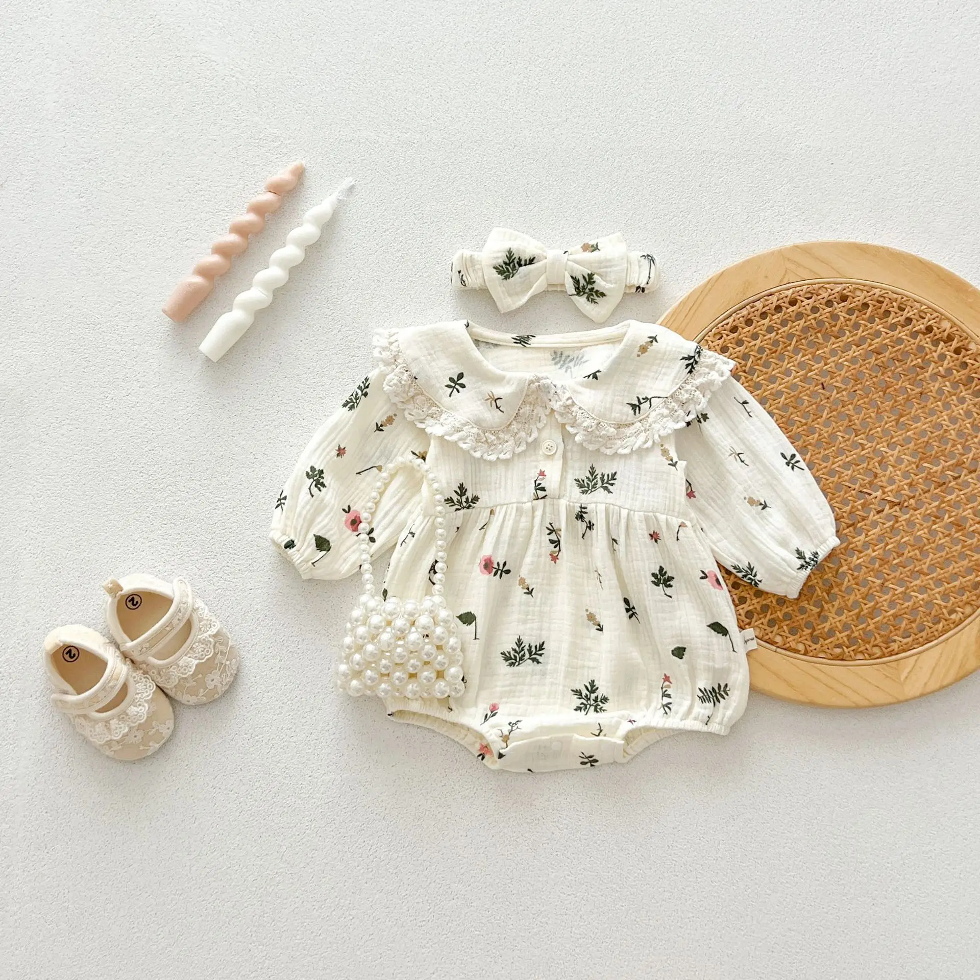 Autumn Newborn Infant Baby Girls Sweet Flower Romper + Headband Muslin Lapel Rompers Kids Onepiece Fashion Baby Clothing