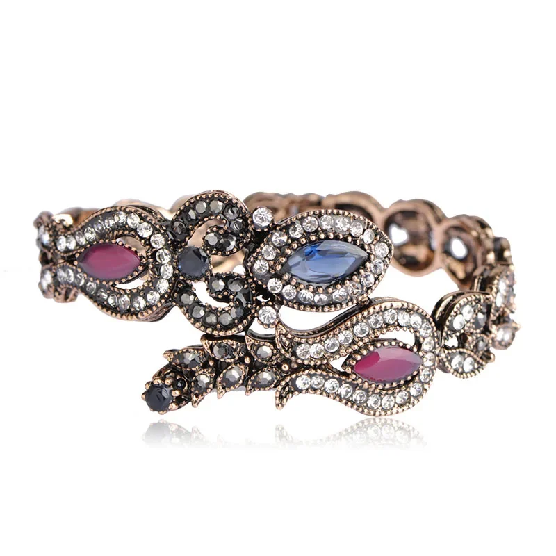 Blucome Latest Vintage Women Party Bangles Red Acrylic Resin Tulip Flower Bracelets Full Crystal Turkish Bijuterias Hand Jewelry