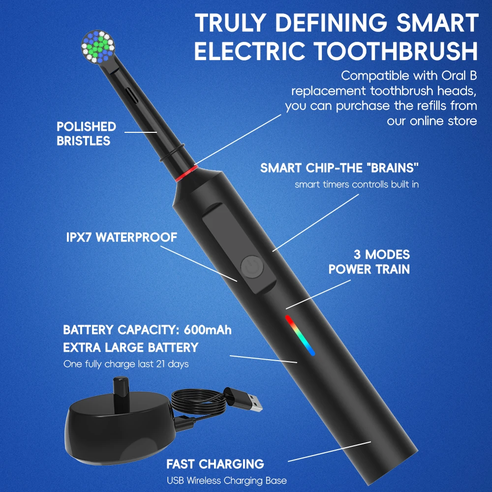 Smart Wireless Charging Rotating Electric Toothbrush, 3 Modes Rechargeable Rotation Toothbrush Compatible with Oral B Brush Head