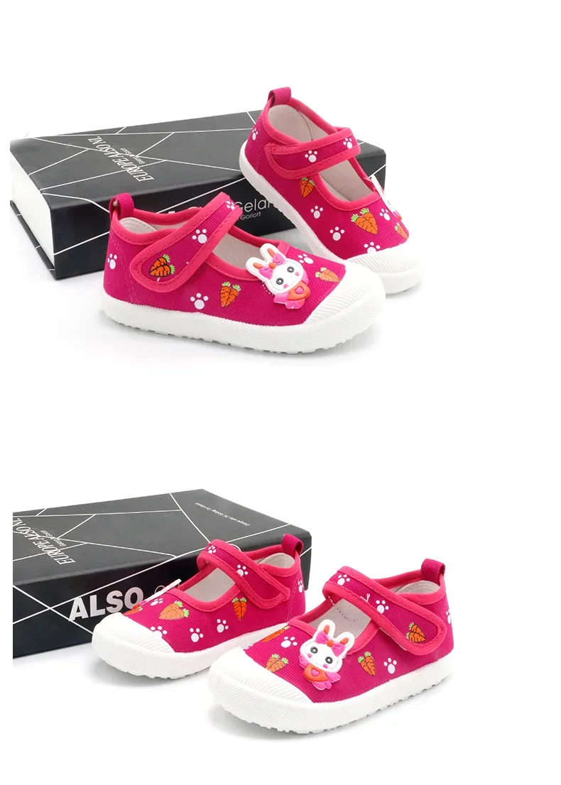 JGSHOWKITO Girls Canvas Shoes Soft Sports Shoes Kids Running Sneakers Candy With Cartoon Rabbit Carrots Prints Children