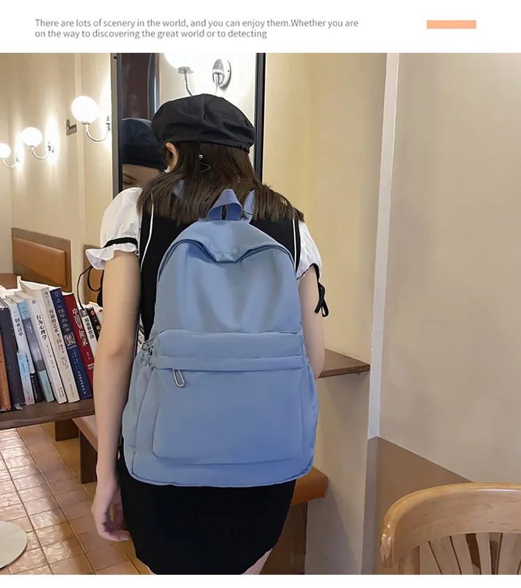 Women Schoolbag Waterproof Large Capacity School Backpack Smooth Zipper Solid Color Teens Girl Casual Daypack Bag Student Supply