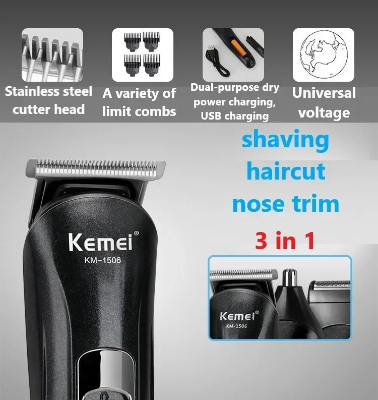Kemei KM-1506 3 In 1 Electric Shaver USB Charging Hair Trimmer Electric Rechargeable Nose Professional Shaving Machine Trimmer