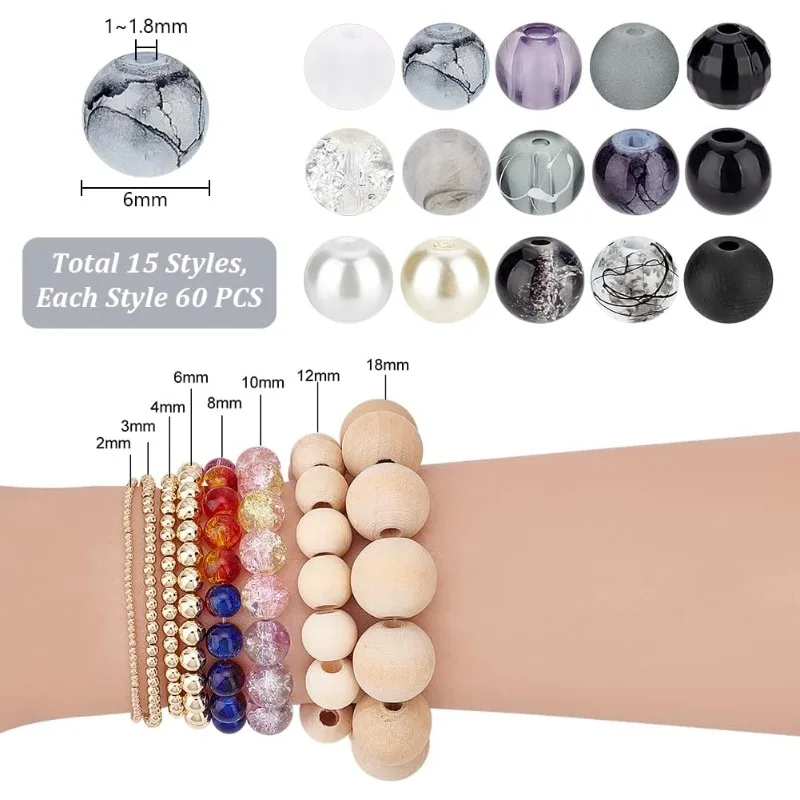 900pcs 6mm Marble Glass Beads 15 Color Black White Bracelet Beads Round Loose Beads Crystal Bead for Bracelet Earring Necklace