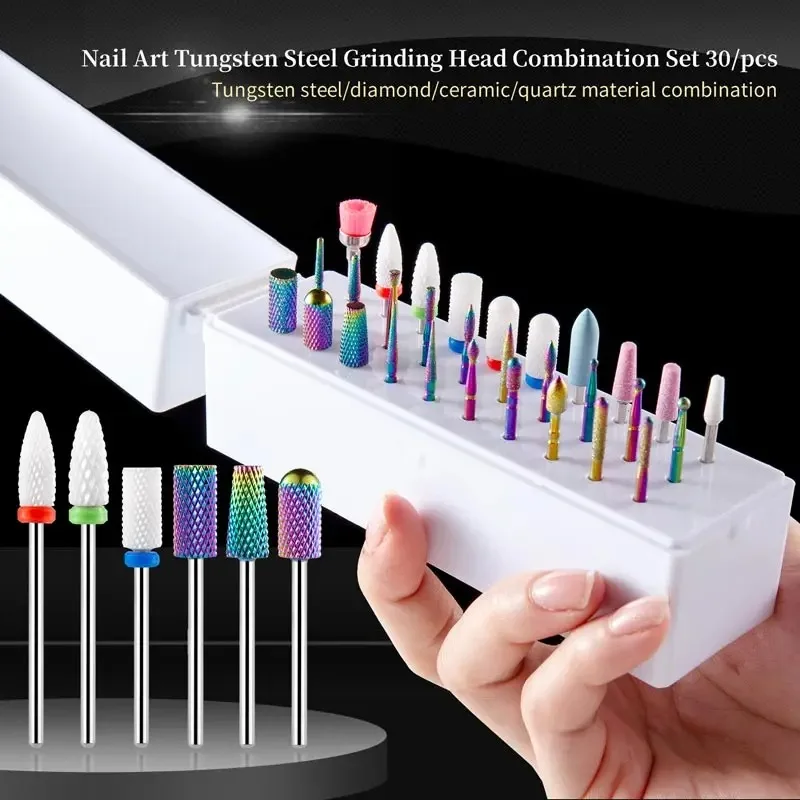 30Pcs Nail Drill Bits Ceramic Diamond Cuticle Efile Carbide Remover for Home Salon Acrylic Gel Nail Manicure Pedicure Tools