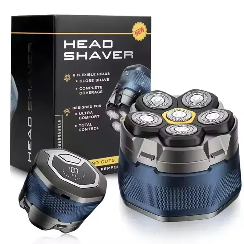 New Rechargeable Beard Trimmer Haircutter Six Rotary Blades Men's Razor LED Display 6D Head Bald Shaver
