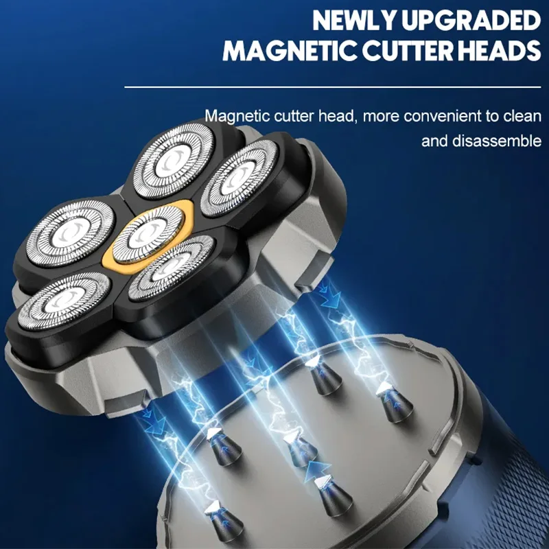 New Rechargeable Beard Trimmer Haircutter Six Rotary Blades Men's Razor LED Display 6D Head Bald Shaver