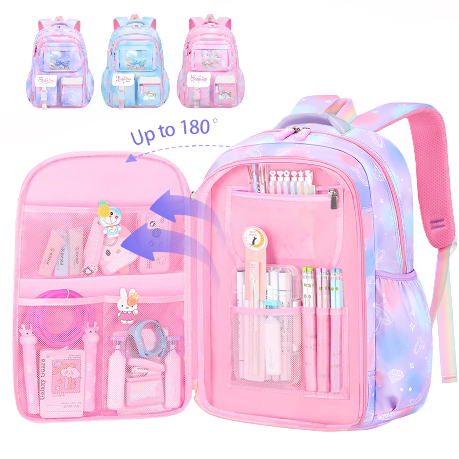 3Pcs School Backpack For Girls Large Capacity Kid's School Bag with Lunch Pancil Carry Case Bag Travel Backpack Child Gift