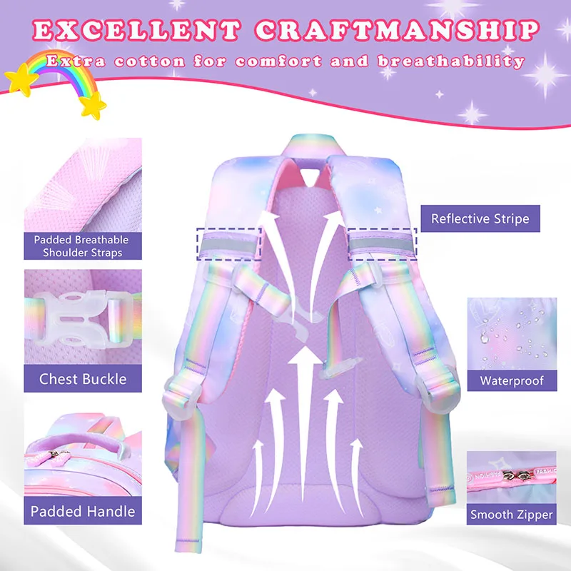 3Pcs School Backpack For Girls Large Capacity Kid's School Bag with Lunch Pancil Carry Case Bag Travel Backpack Child Gift