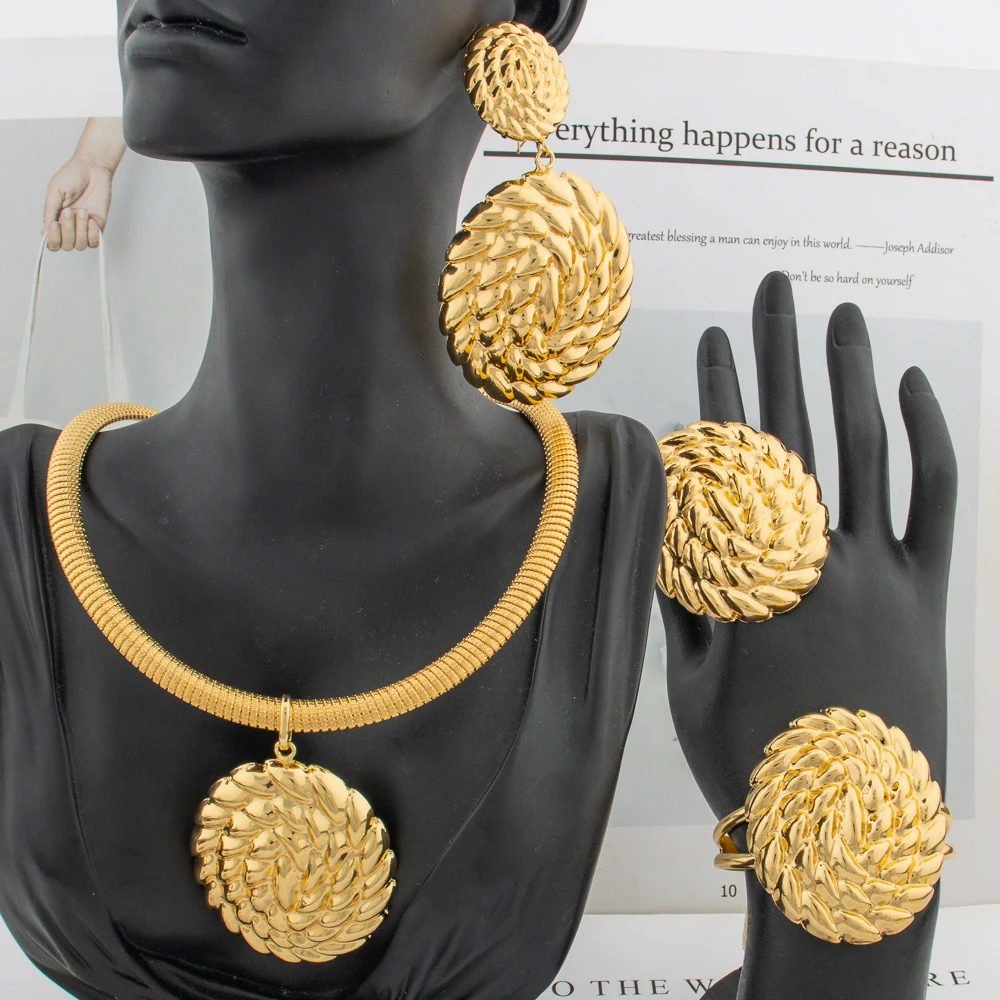 Dubai Big Drop Earrings Necklace Jewelry Set for Women Ethiopia Bridal African Gold Plated Bangle Ring 4PCS Set Banquet Gift