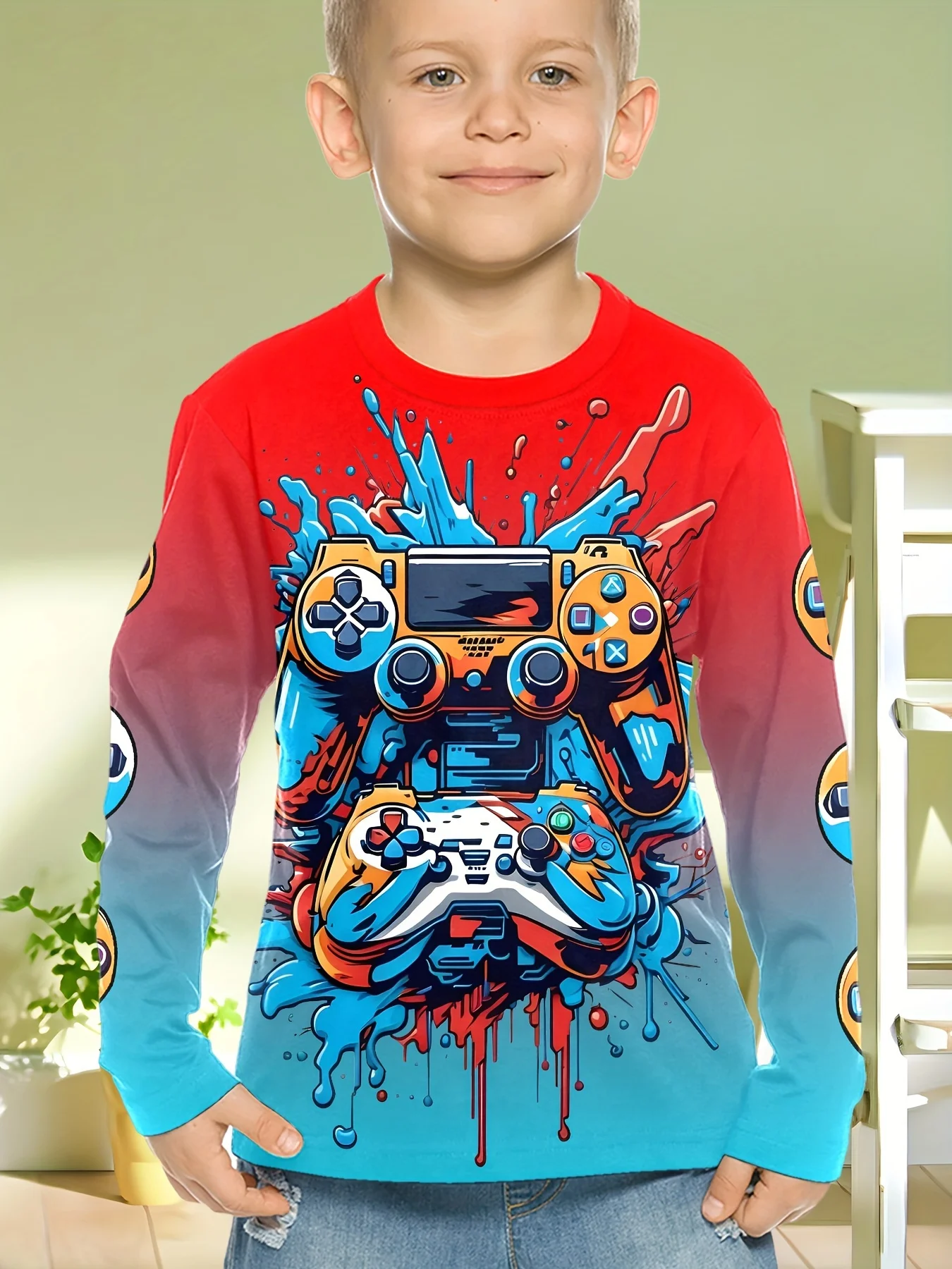 Children's Clothing Boys Tshirt Long Sleeve Cool Gamepad Pattern Print Kids Spring Fall Clothes Novelty Boy Clothes O-Neck Tops
