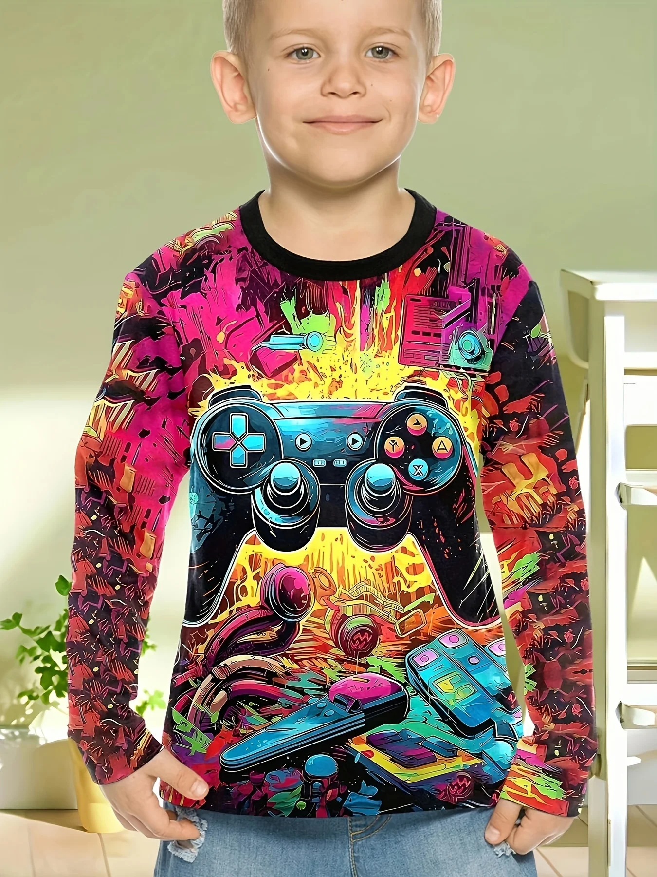 Children's Clothing Boys Tshirt Long Sleeve Cool Gamepad Pattern Print Kids Spring Fall Clothes Novelty Boy Clothes O-Neck Tops