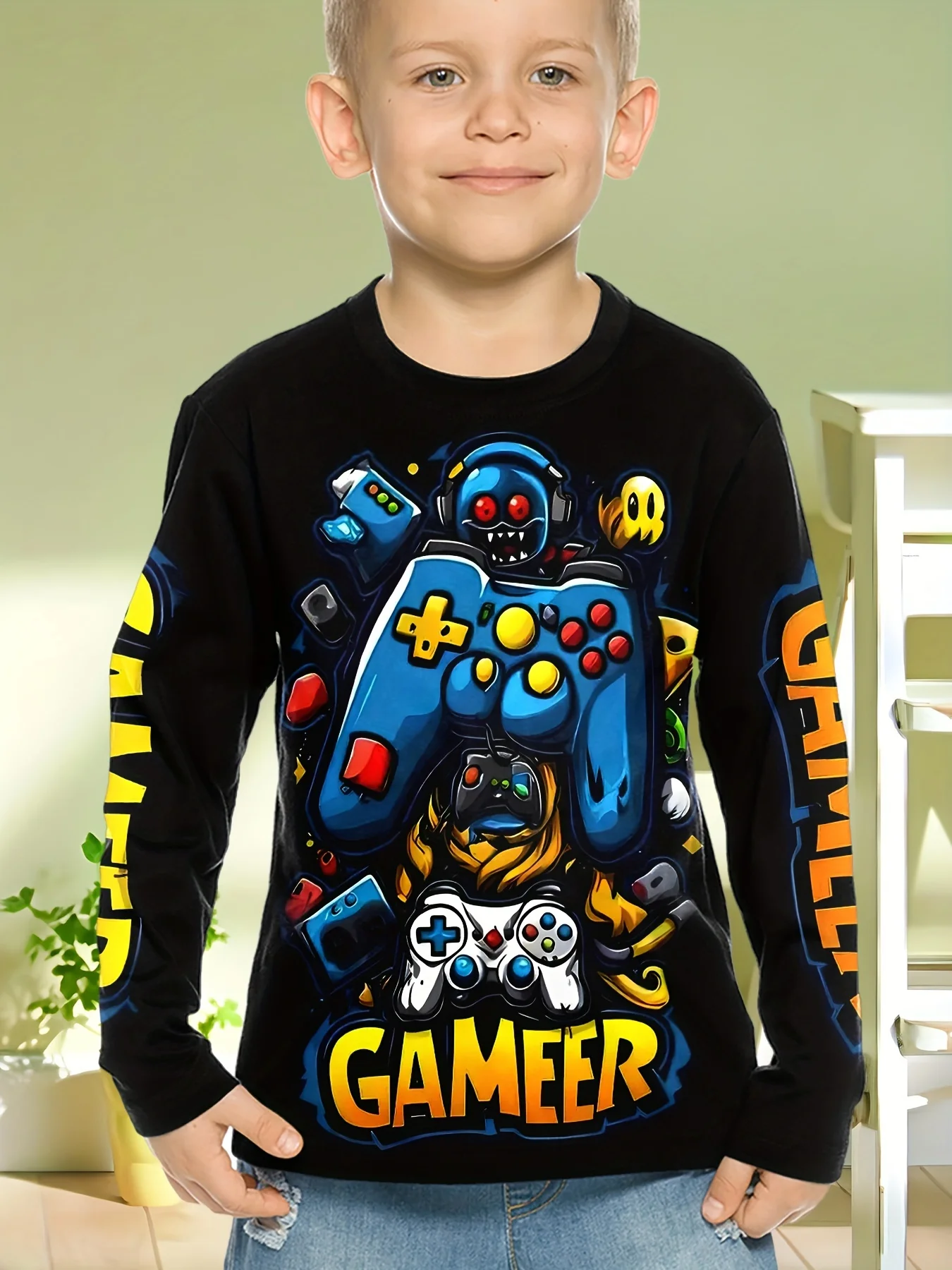 Children's Clothing Boys Tshirt Long Sleeve Cool Gamepad Pattern Print Kids Spring Fall Clothes Novelty Boy Clothes O-Neck Tops