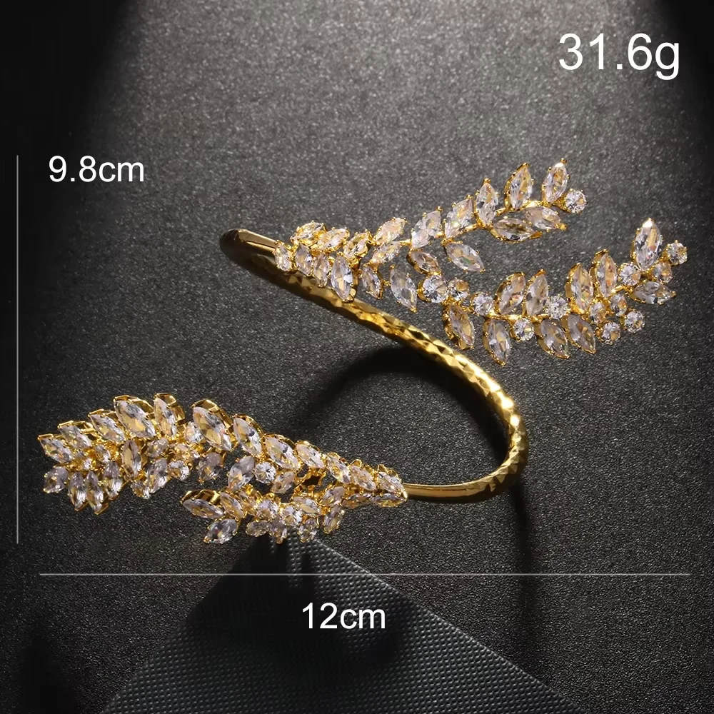 Stonefans Exquisite Zirconia Leaves Cuff Bracelet Bangle Bridal Hand Jewelry Charming Female Indian Wedding Open Bangle Chain