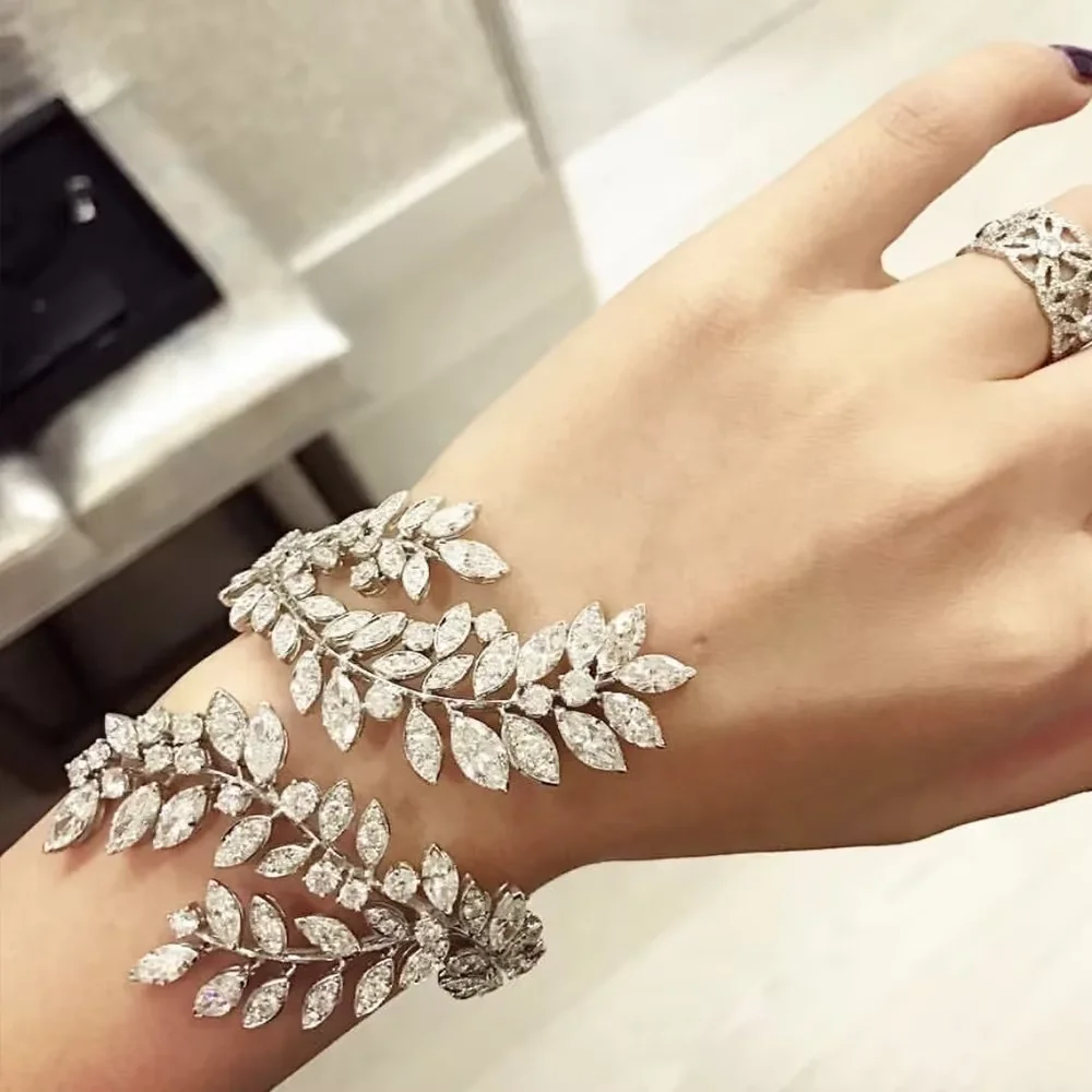 Stonefans Exquisite Zirconia Leaves Cuff Bracelet Bangle Bridal Hand Jewelry Charming Female Indian Wedding Open Bangle Chain
