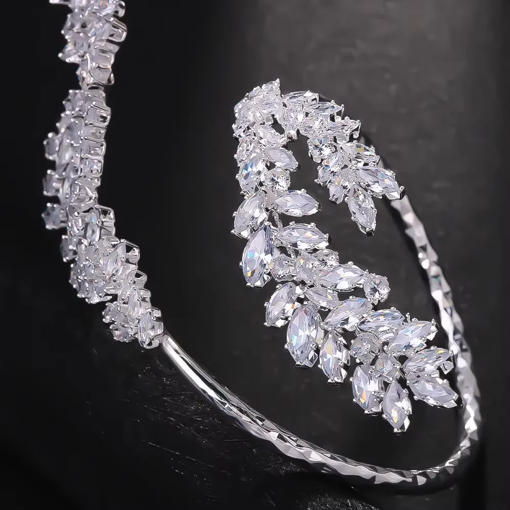 Stonefans Exquisite Zirconia Leaves Cuff Bracelet Bangle Bridal Hand Jewelry Charming Female Indian Wedding Open Bangle Chain